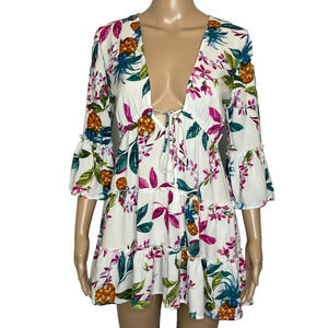 Women's XS Blue Island White Floral Print Ruffle Tie Keyhole Cover Up Beach